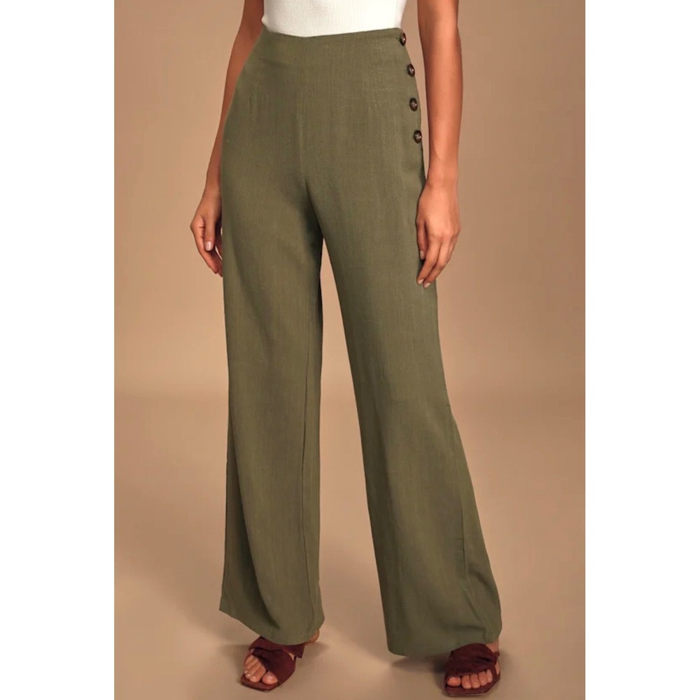100% LINEN WIDE LEG PANTS LuLus High Rise Medium Tall Large Olive Green Long